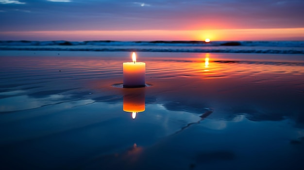 Sonnenuntergangsreflexionen Eine faszinierende Kerze am Strand