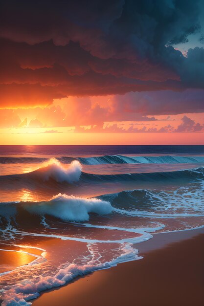 Sonnenuntergangsstrand mit warmen Farben und fließendem Wasser