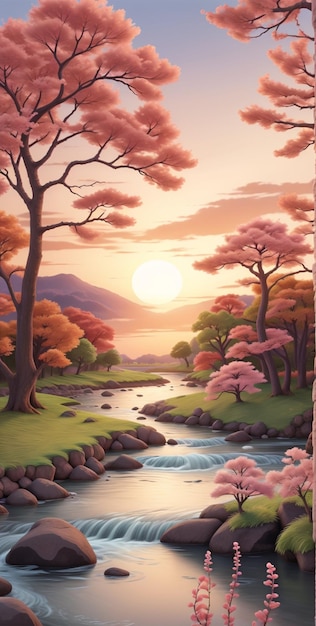 Sonnenuntergangsszene mit Fluss- und Frühlingsbäumen 1