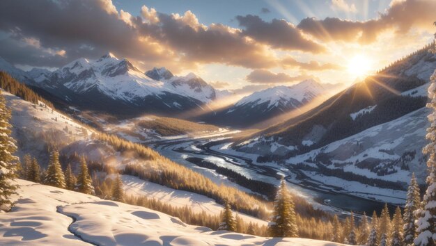 Sonnenuntergangstrahlen über einer schneebedeckten Berglandschaft mit Kiefern an den Hängen und einem schlängelnden Fluss