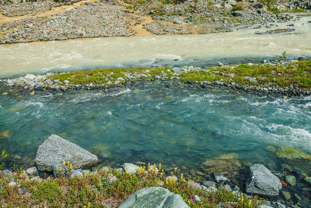 Sonnige bunte Landschaft mit dem Zusammenfluss von drei Flüssen. Schöne lebendige Landschaft mit drei Flüssen im selben Kanal. Drei mehrfarbige Bergflüsse in einer Reihe inmitten einer reichen Flora und bunten Blumen