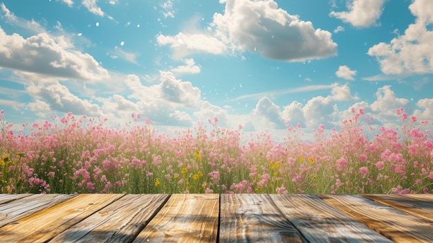 Sonnige Frühlingsserenität Rosa Blüten auf einem Holztisch