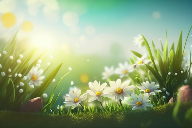 Sonnige Frühlingswiese mit Blumen Illustration Generative AI