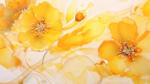 Sonnige gelbe Alkoholkunst, florale flüssige Kunstmalerei, Hintergrund, Alkoholtintentechnik