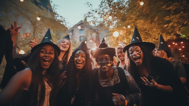 Sonnige Halloween-Gruppe in realistischen Kostümen