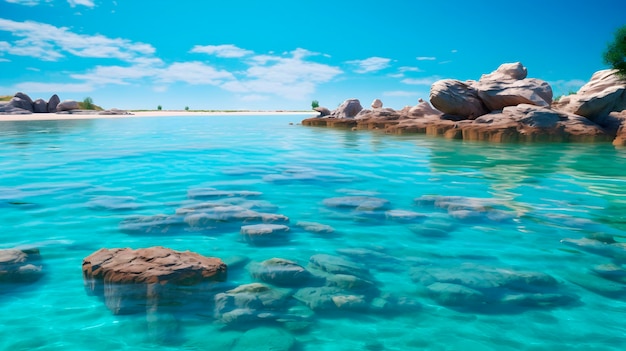 Sonnige Küste mit einem wunderschönen Strand und strahlend blauem Wasser und bunten Kieselsteinen