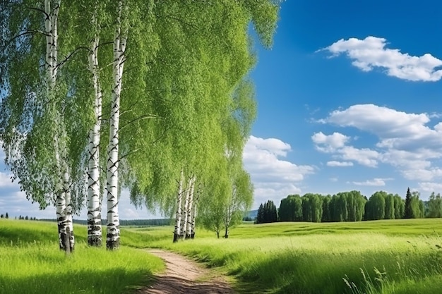 Sonnige ländliche Sommerlandschaft mit Birkenbäumen