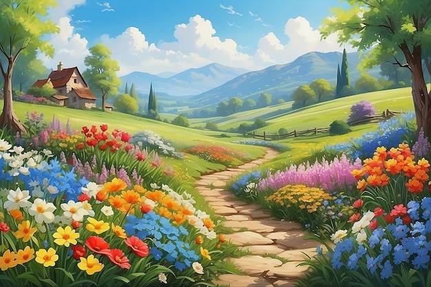 Sonnige Landschaft Landschaft von Wiesen Garten von Blumen in der Frühlingszeit Malerei KI für den digitalen Druck Canvas Kunst Malerei Wandkunst Artikel Blogpost