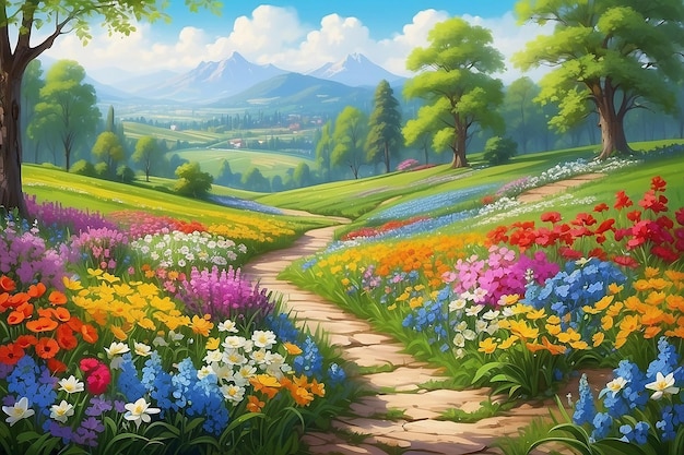 Sonnige Landschaft Landschaft von Wiesen Garten von Blumen in der Frühlingszeit Malerei KI für den digitalen Druck Canvas Kunst Malerei Wandkunst Artikel Blogpost