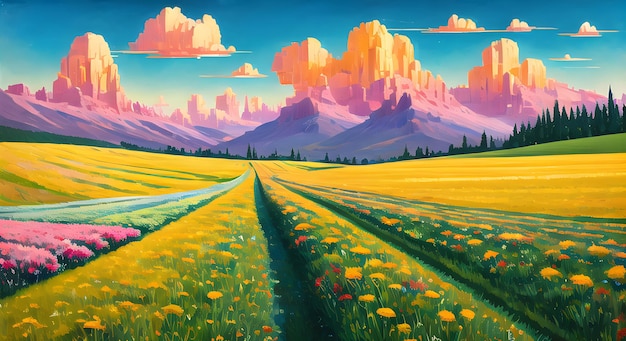 Sonnige Landschaft Wiesengarten mit Blumen in der Frühlingssaison Malerei AI Generiert für den Digitaldruck Leinwandkunst Malerei Wandkunst Artikel Blogbeitrag