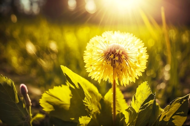 Sonnige Lichtung mit hellgelber Löwenzahnblume mit Samen in der Natur generative ai