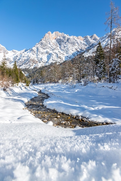 Sonnige Winterlandschaft in den Alpen Mountain Range River schneebedeckte Bäume Sonnenschein und blauer Himmel