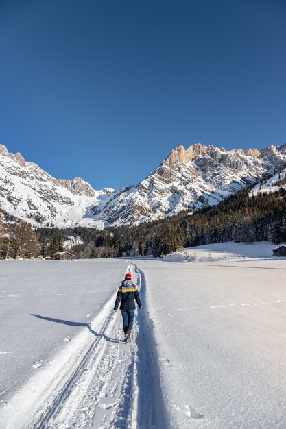 Sonnige Winterlandschaft in der Natur Mädchen geht auf schneebedeckten Fußweg Gebirge schneebedeckte Bäume Sonnenschein und blauer Himmel