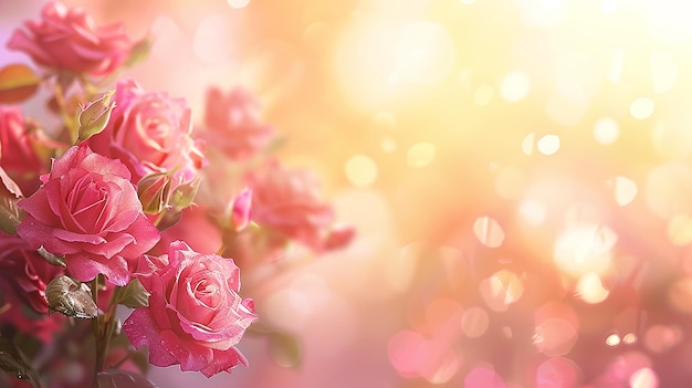 Sonniger blumiger Hintergrund mit weichen pastellfarbenen Rosen in rosa Farbtönen