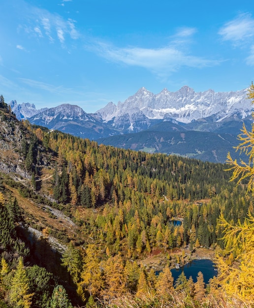 Sonniger Herbstblick auf die Alpen. Ruhiger Bergwaldsee mit klarem, transparentem Wasser und Spiegelungen. Untersee Reiteralm Steiermark Österreich