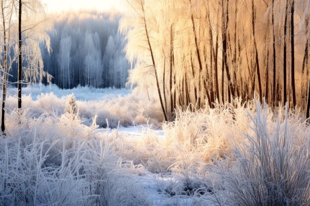 Sonniger Morgen im frostigen Wald im Winter