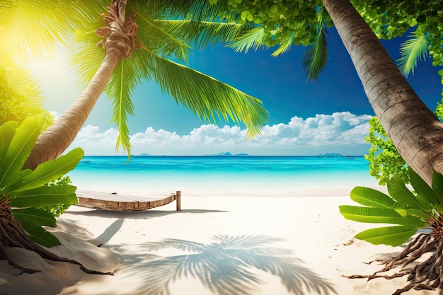 Sonniger Strand im Paradies mit weißen Sandkokospalmen und blauem Wasser Konzept von Sommerspaß und Entspannung an einem tropischen Strand