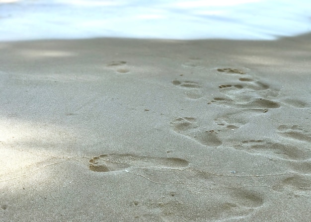 Sonniger Tag am Meer und Fußabdrücke im Sand