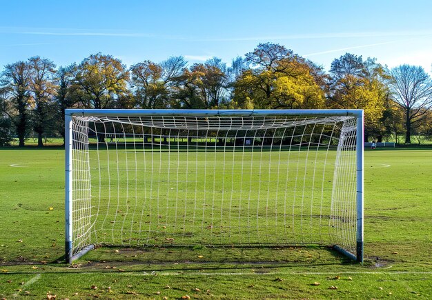 Foto sonniger tag auf dem fußballfeld, klarer blauer himmel über einem gut gepflegten grünen feld mit weißen toren