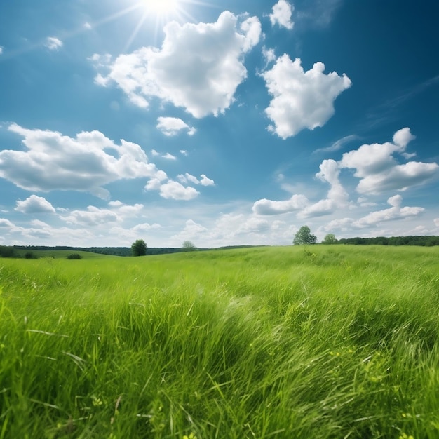 Sonniger Tag auf grüner Wiese, bedeckt mit generativer Gras-KI