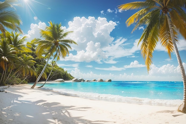 Sonniger tropischer karibischer Paradiesstrand mit weißem Sand und Palmen