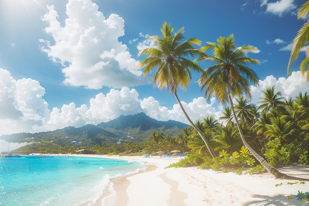 Sonniger tropischer karibischer Paradiesstrand mit weißem Sand und Palmen