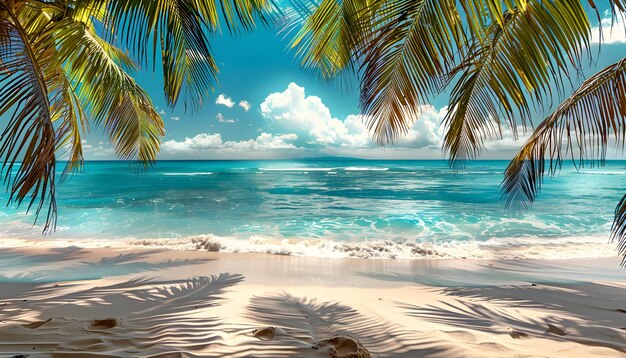 Sonniger tropischer Strand mit Palmen Kopieren Sie den Abstand