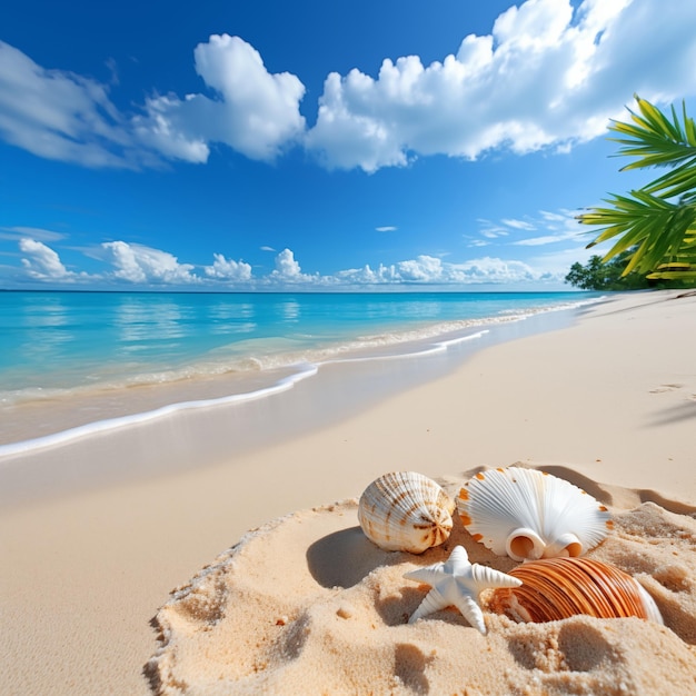 Sonniger tropischer Strand mit türkisfarbenem Meer, Urlaubshintergrund, Muscheln am Strand, generative KI