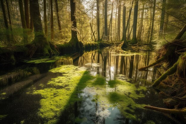 Sonniger Wald mit langen Moosschatten und Wasserspiegelung