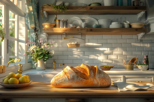 Sonniges Kücheninterieur mit frischem Brot auf der Theke, Zitronen in einer Schüssel und hausgemachten Zutaten