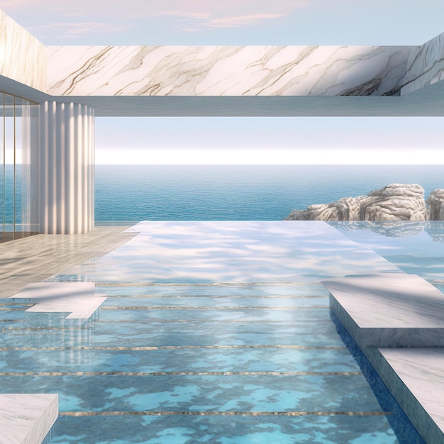 Sonniges, ruhiges, modernes Luxushaus mit Außenansicht mit Infinity-Pool und Meerblick