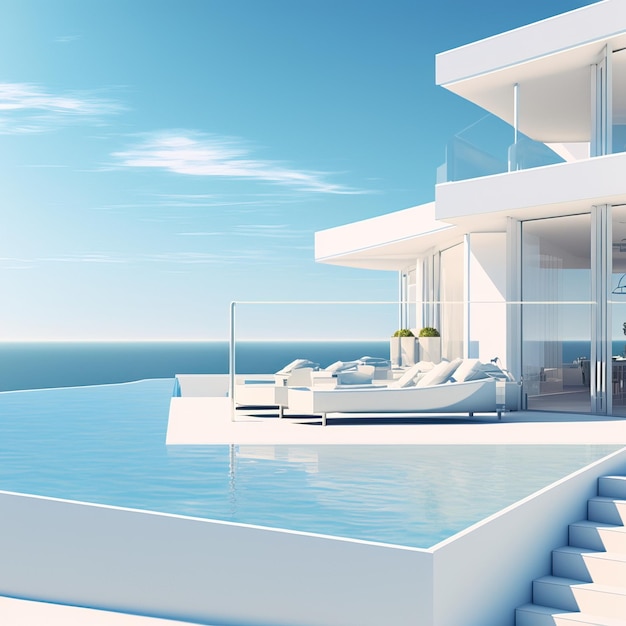Sonniges, ruhiges, modernes Luxushaus mit Außenfassade mit Infinity-Pool und Meerblick