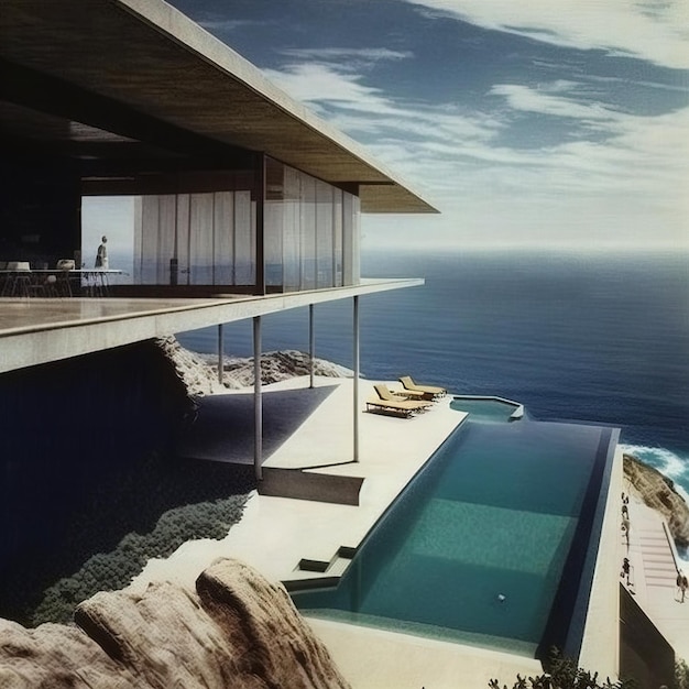 Sonniges, ruhiges, modernes Luxushaus mit Außenfassade mit Infinity-Pool und Meerblick