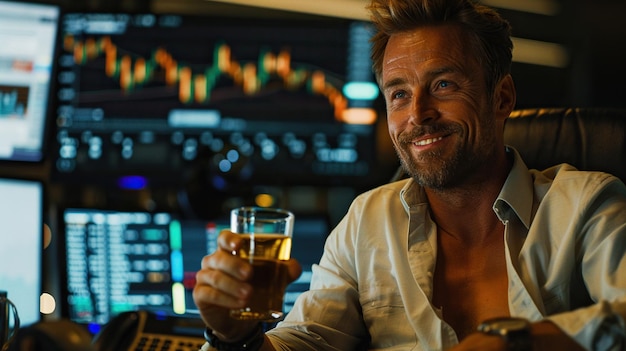 Sonríe y feliz hombre de negocios en la oficina Levanta una copa de cerveza en la mano en la pantalla de la computadora de gráfico de negociación por la noche