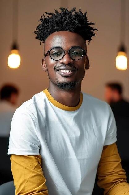 Sonríe joven afro hombre con gafas en compañero de trabajo