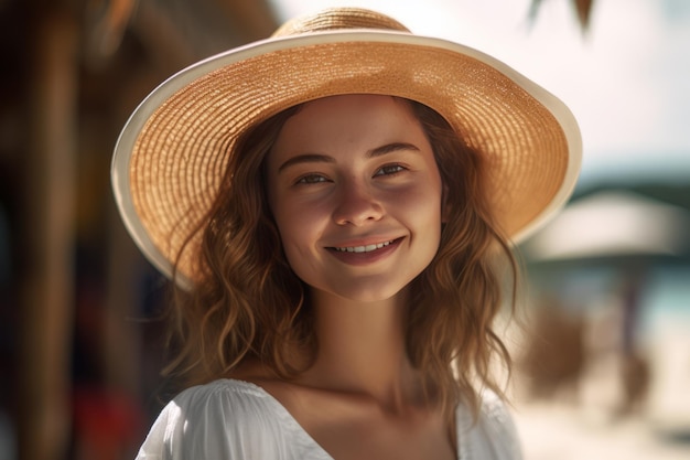 Sonríe una joven disfrutando de la playa con su sombrero de sol