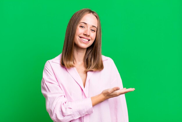 sonriendo alegremente sintiéndose feliz y mostrando un concepto en el espacio de la copia con la palma de la mano