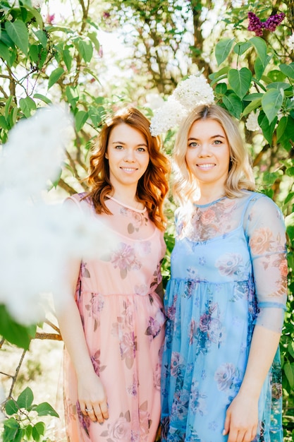 Sonriendo alegres hermanas gemelas en vestidos elegantes posando en el parque de verano.