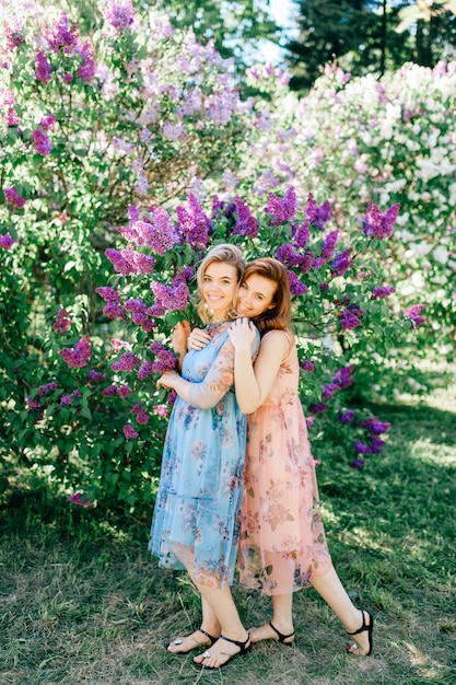Sonriendo alegres hermanas gemelas en vestidos elegantes posando en el parque de verano.