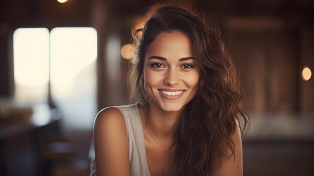 Sonriendo atractiva mujer joven hispana mirando a la.