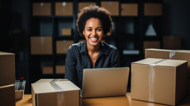 Sonriendo cajas de vendedor de ebay femenino y cinta adhesiva a su alrededor trabajando en ella.