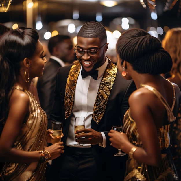 Sonriendo elegantemente vestidos con un traje negro y dorado, un hombre negro y dos mujeres negras con vestidos dorados o tomando copas de champán celebrando el Mes de la Historia Afroamericana