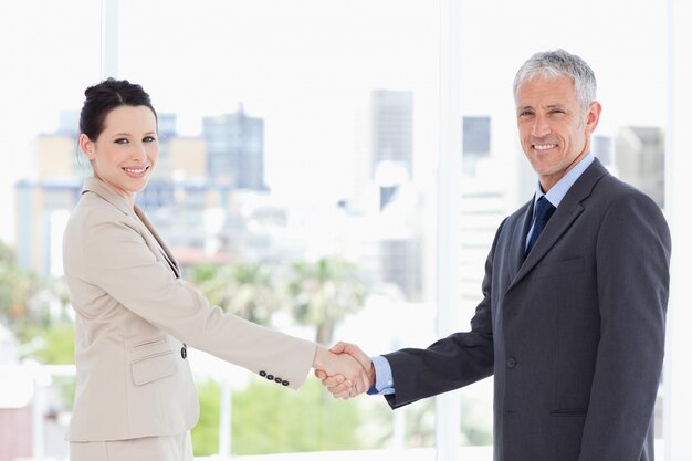 Sonriendo empresarios estrecharme la mano mientras mira a la cámara