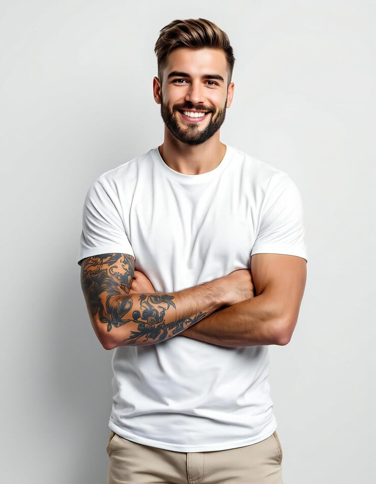 Sonriendo en la parte delantera con los brazos cruzados y una expresión feliz, confiada y satisfecha y T-Shirt Posing