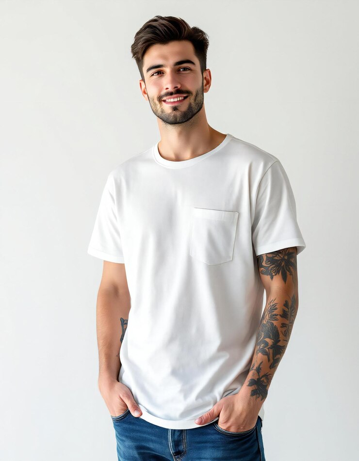 Sonriendo en la parte delantera con los brazos cruzados y una expresión feliz, confiada y satisfecha y T-Shirt Posing