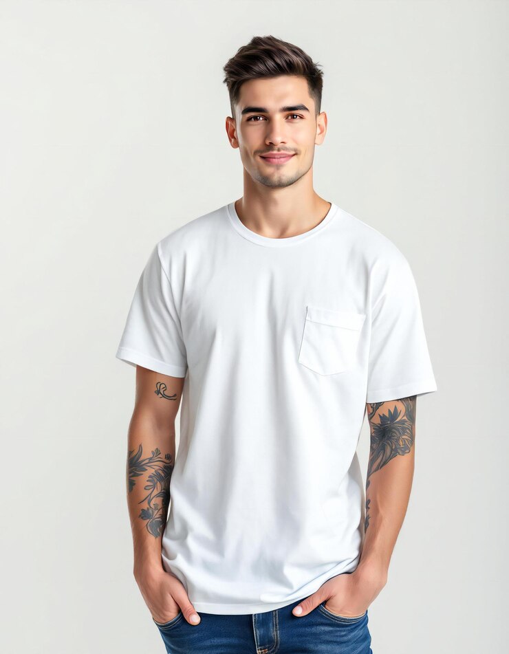 Sonriendo en la parte delantera con los brazos cruzados y una expresión feliz, confiada y satisfecha y T-Shirt Posing