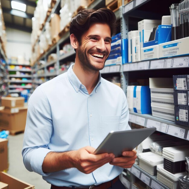 Foto sonriendo y riendo vendedor en un almacén de pie comprobando suministros en su tableta