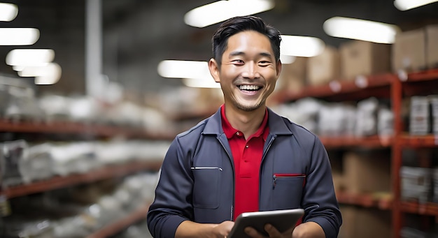 sonriendo y riendo vendedor mexicano en un almacén de maquinaria de pie comprobando suministros