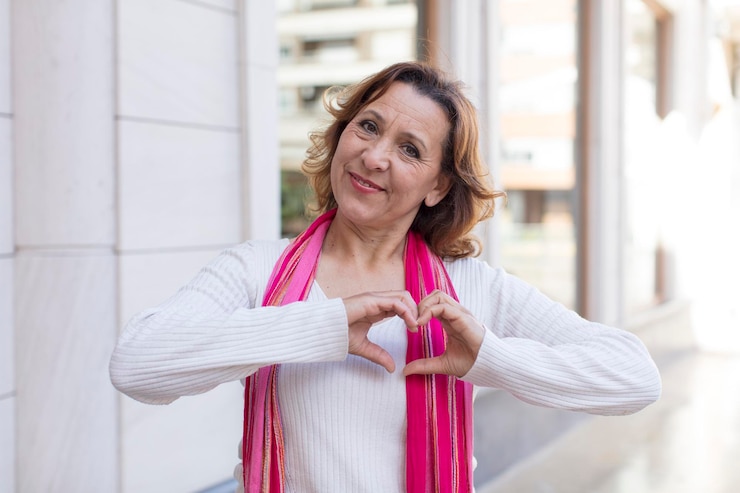 Foto sonriendo y sintiéndose feliz lindo romántico y enamorado haciendo forma de corazón con ambas manos