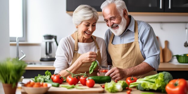 Sonriente alegre feliz pareja de ancianos cocinando juntos en la cocina de casa